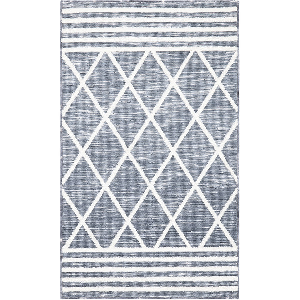 Compact gray and ivory rug featuring a bold diamond lattice framed by banded end borders || ECR112F-24 || top_studio