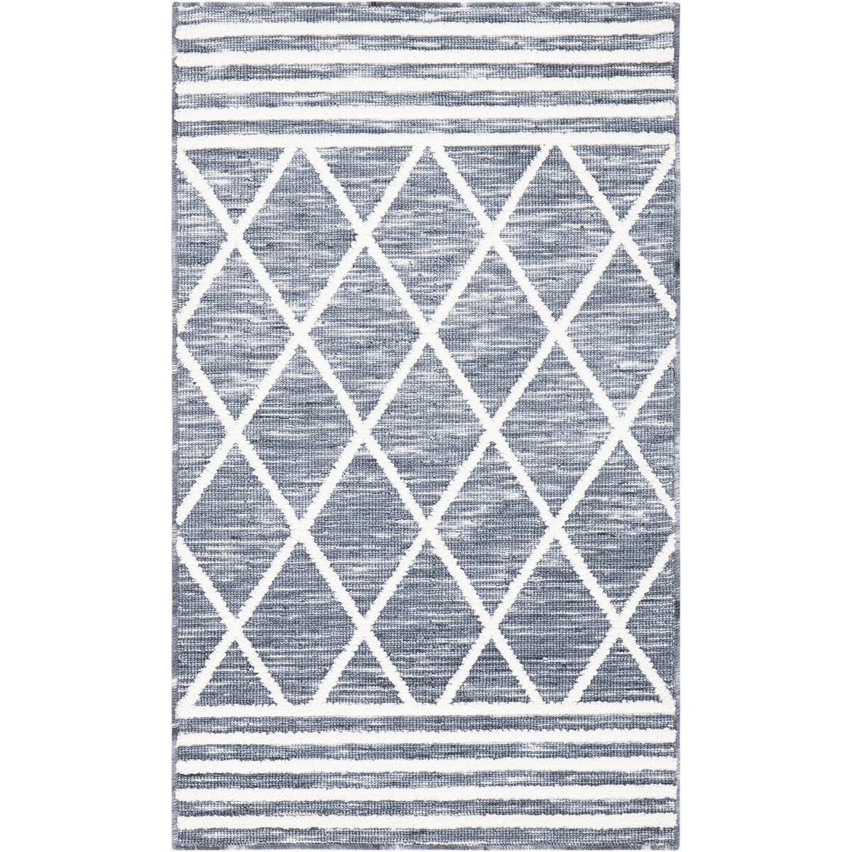 Compact gray and ivory rug featuring a bold diamond lattice framed by banded end borders || ECR112F-24 || top_studio