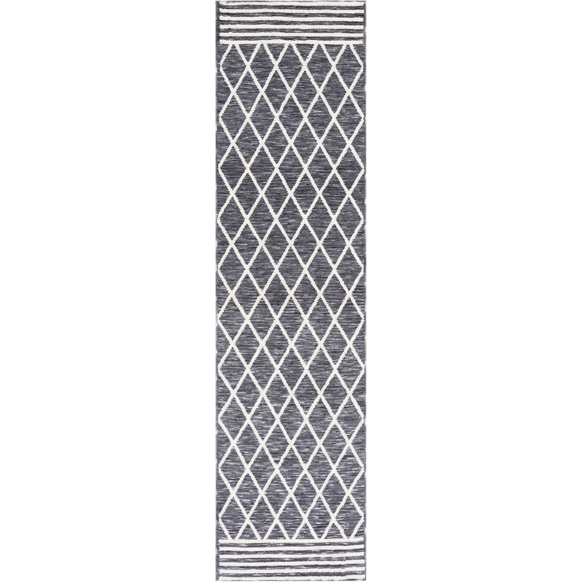 Gray and ivory trellis runner with striped end borders || ECR112F-28 || top_studio