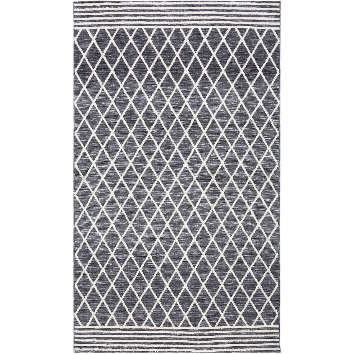 Gray and ivory rug with a crisp diamond lattice and striped borders for a clean, modern look || ECR112F-5 || top_studio