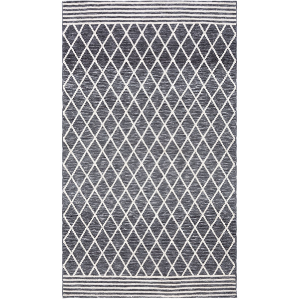 Gray and ivory rug with a crisp diamond lattice and striped borders for a clean, modern look || ECR112F-5 || top_studio