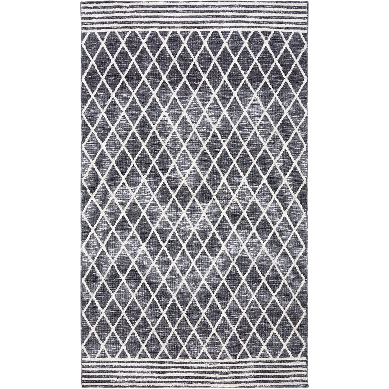 Gray and ivory rug with a crisp diamond lattice and striped borders for a clean, modern look || ECR112F-5 || top_studio