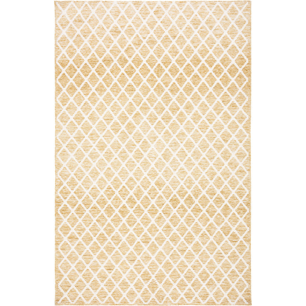 Gold and ivory rug with a raised diamond lattice and neatly finished edges. || ECR113D-5 || front_studio