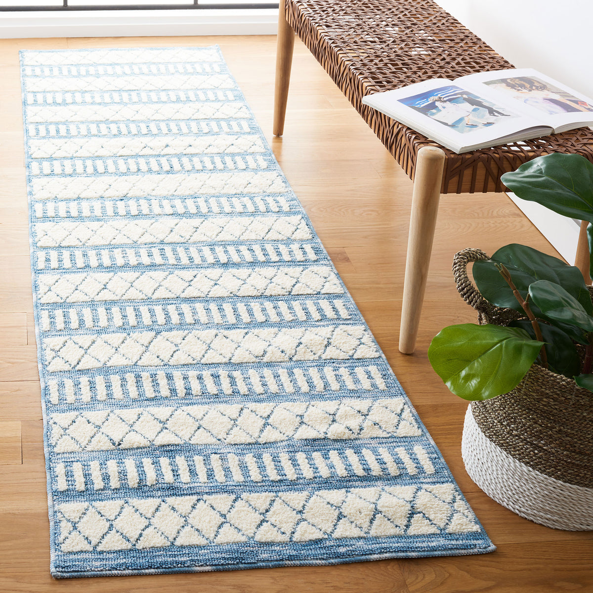 Runner rug in ivory and blue with textured stripes and lattice pattern adds airy style to hallways || ECR114A-28 || front_angle_room