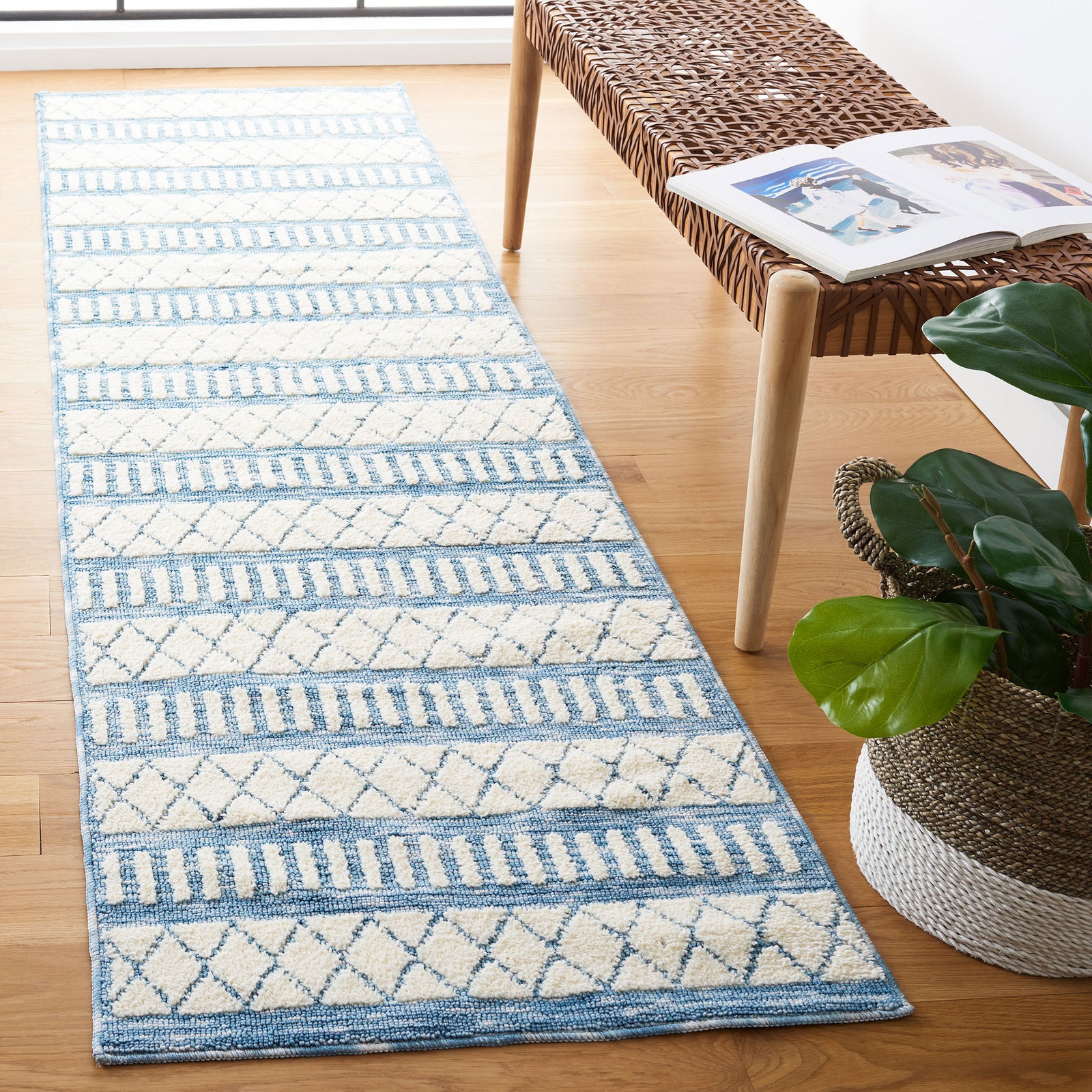 Runner rug in ivory and blue with textured stripes and lattice pattern adds airy style to hallways || ECR114A-28 || front_angle_room