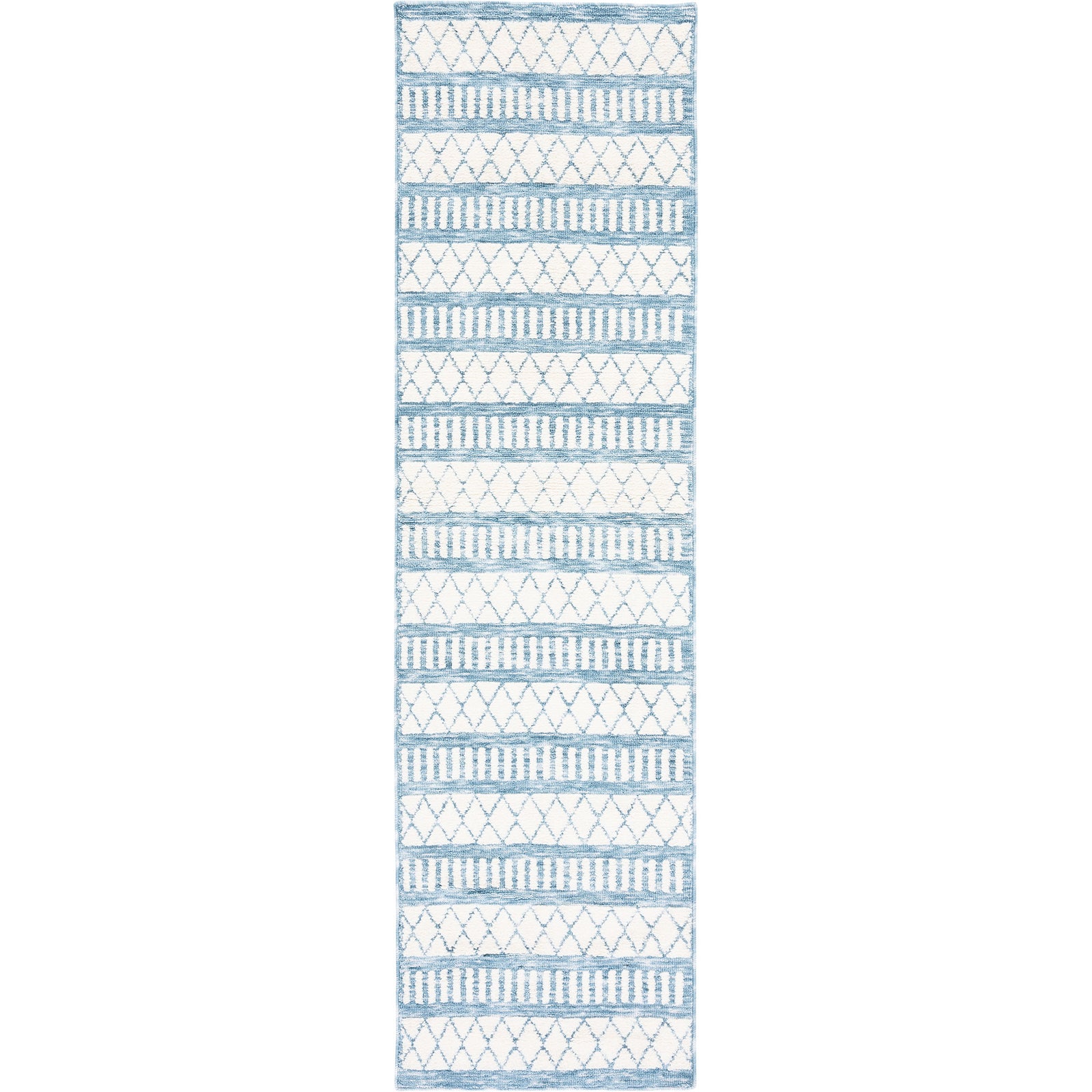 Ivory and blue geometric runner rug with alternating stripes and diamond motifs for a fresh, coastal feel || ECR114A-28 || top_studio