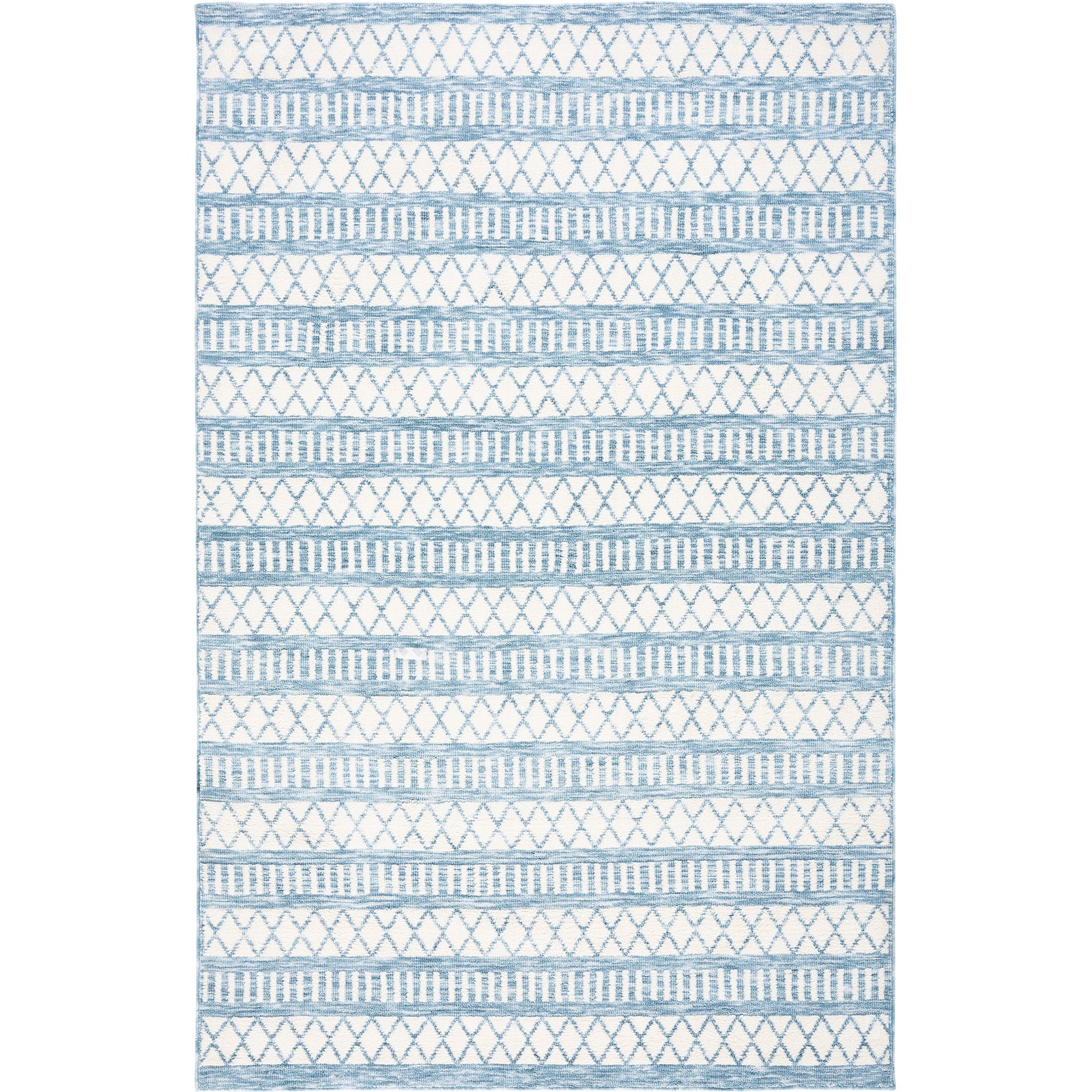 Ivory and blue geometric area rug with crisp diamonds and stripes for a fresh coastal look || ECR114A-5 || top_studio