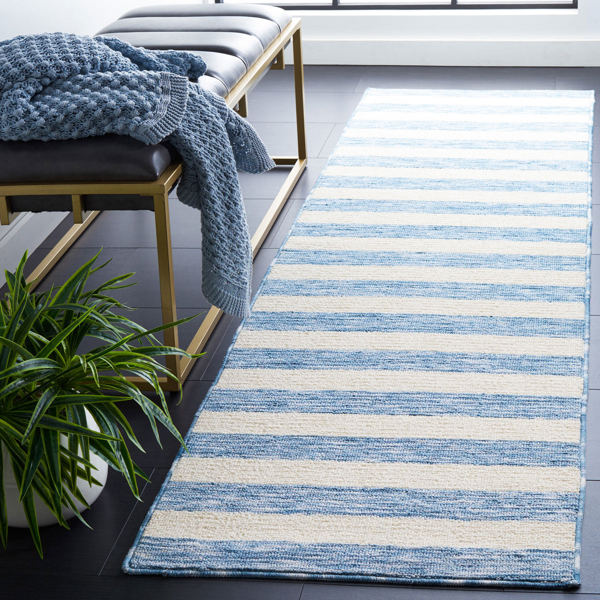 Blue and ivory striped runner rug adds airy coastal charm and a fresh look to hallways || ECR115L-28 || front_angle_room