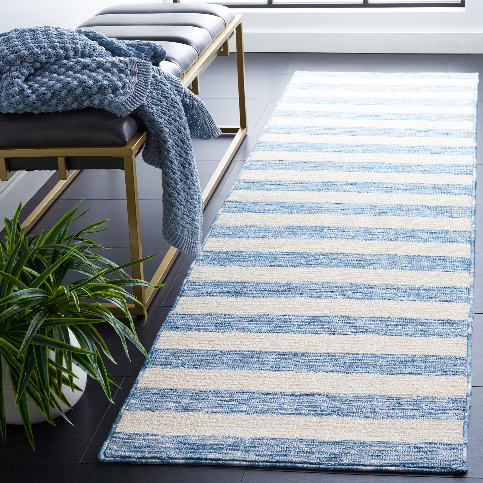 Blue and ivory striped runner rug adds airy coastal charm and a fresh look to hallways || ECR115L-28 || front_angle_room