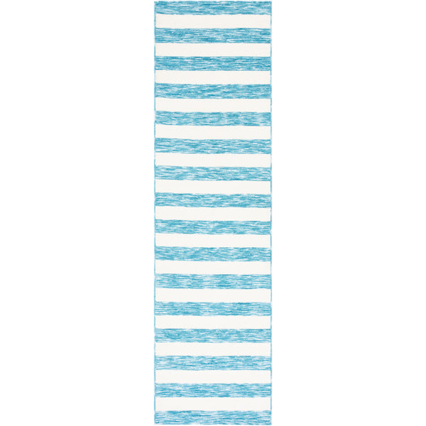 Blue and ivory striped runner rug with low-profile weave and neatly finished blue edges || ECR115M-28 || top_studio