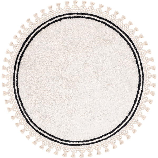 Compact round ivory rug with double black border and full tassel fringe || ECR201A-3R || top_studio