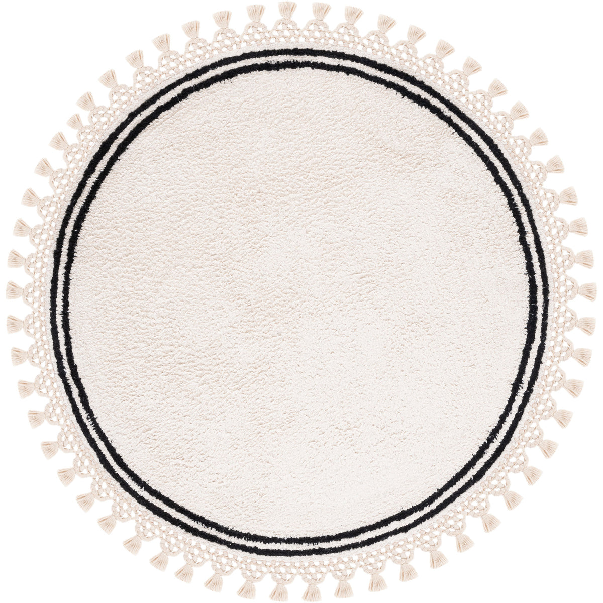 Compact round ivory rug with double black border and full tassel fringe || ECR201A-3R || top_studio