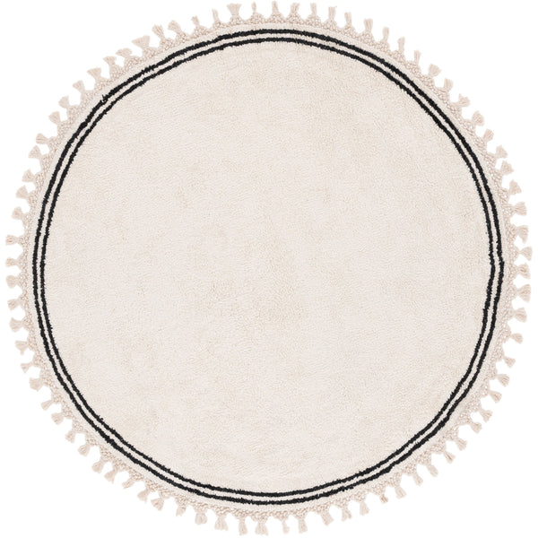 Medium round ivory rug with double black border and tassels for a crisp modern boho look || ECR201A-5R || top_studio
