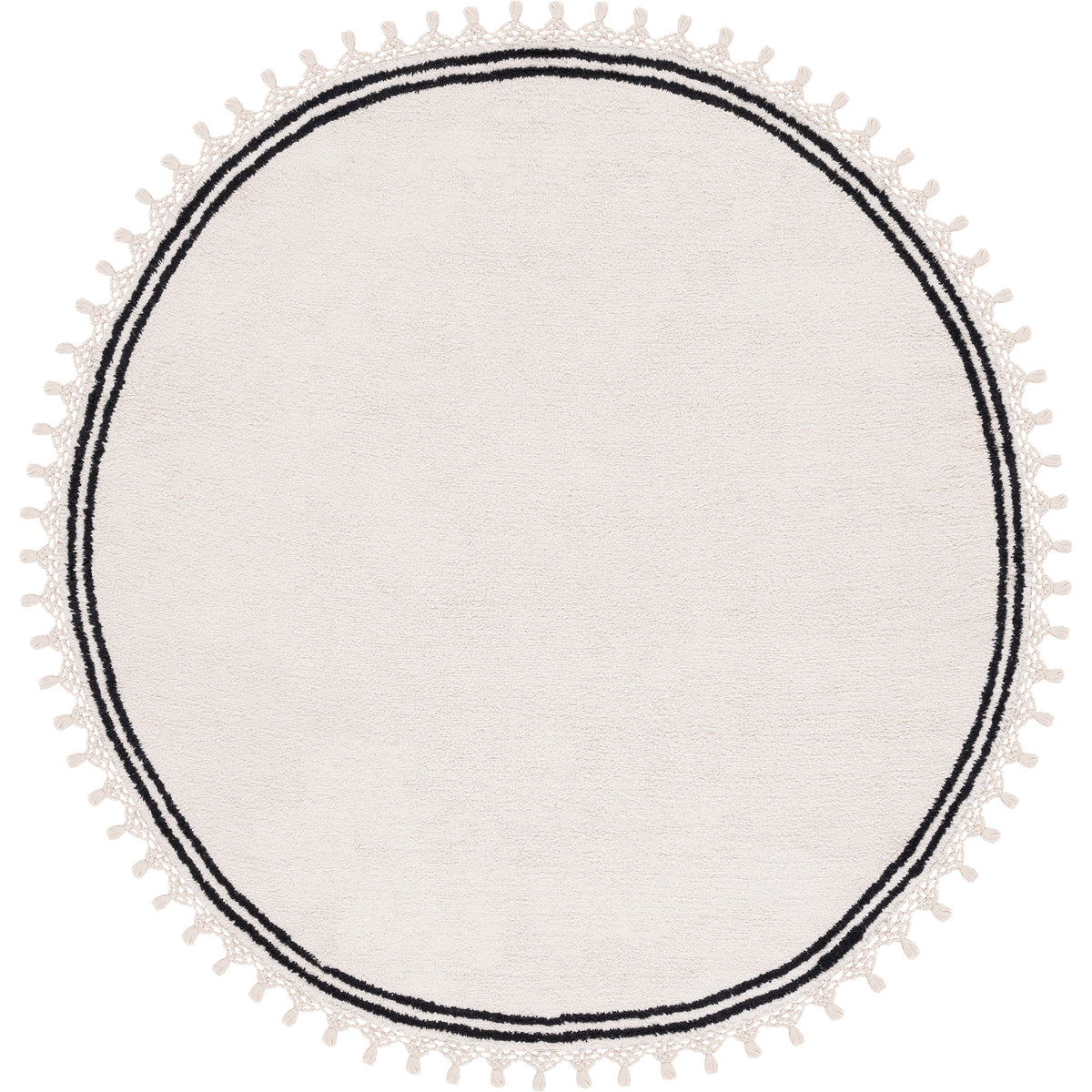Round ivory rug with double black border and playful tassel fringe all around || ECR201A-6R || top_studio