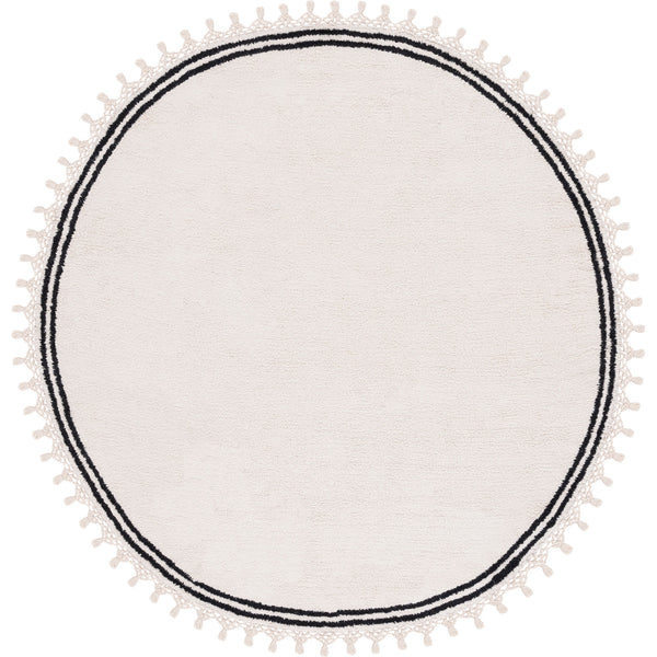 Round ivory rug with double black border and playful tassel fringe all around || ECR201A-6R || top_studio