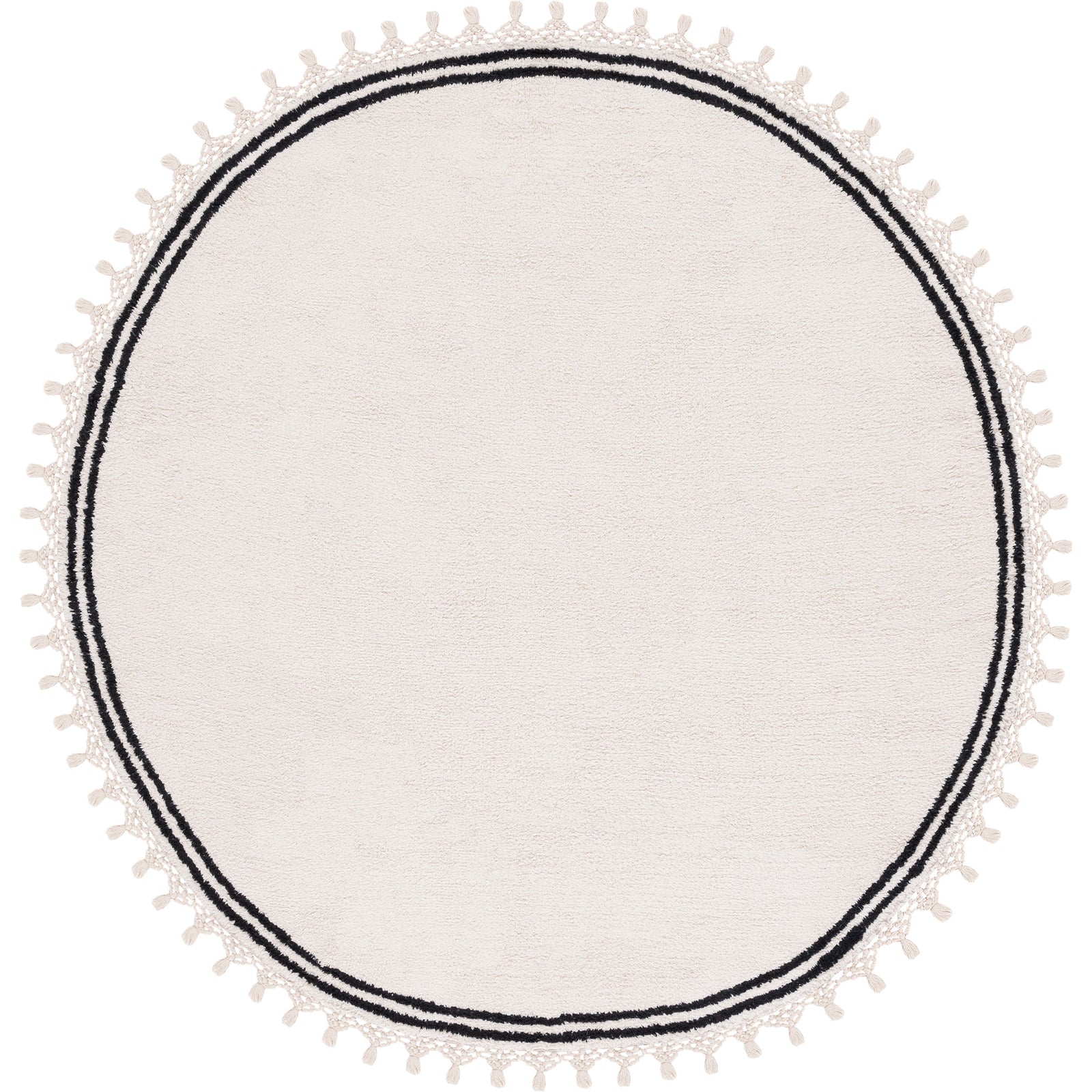 Round ivory rug with double black border and playful tassel fringe all around || ECR201A-6R || top_studio