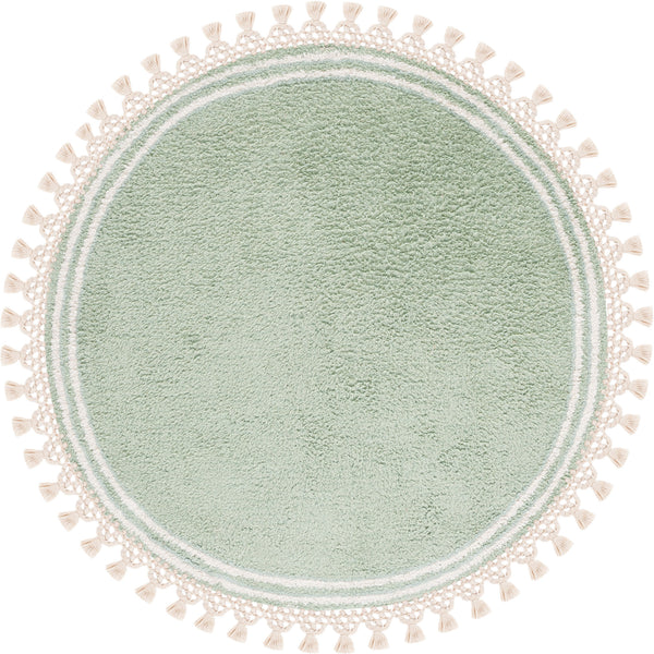 Soft teal round rug with ivory rings and a tasseled border for a bright, relaxed look. || ECR201J-3R || top_studio