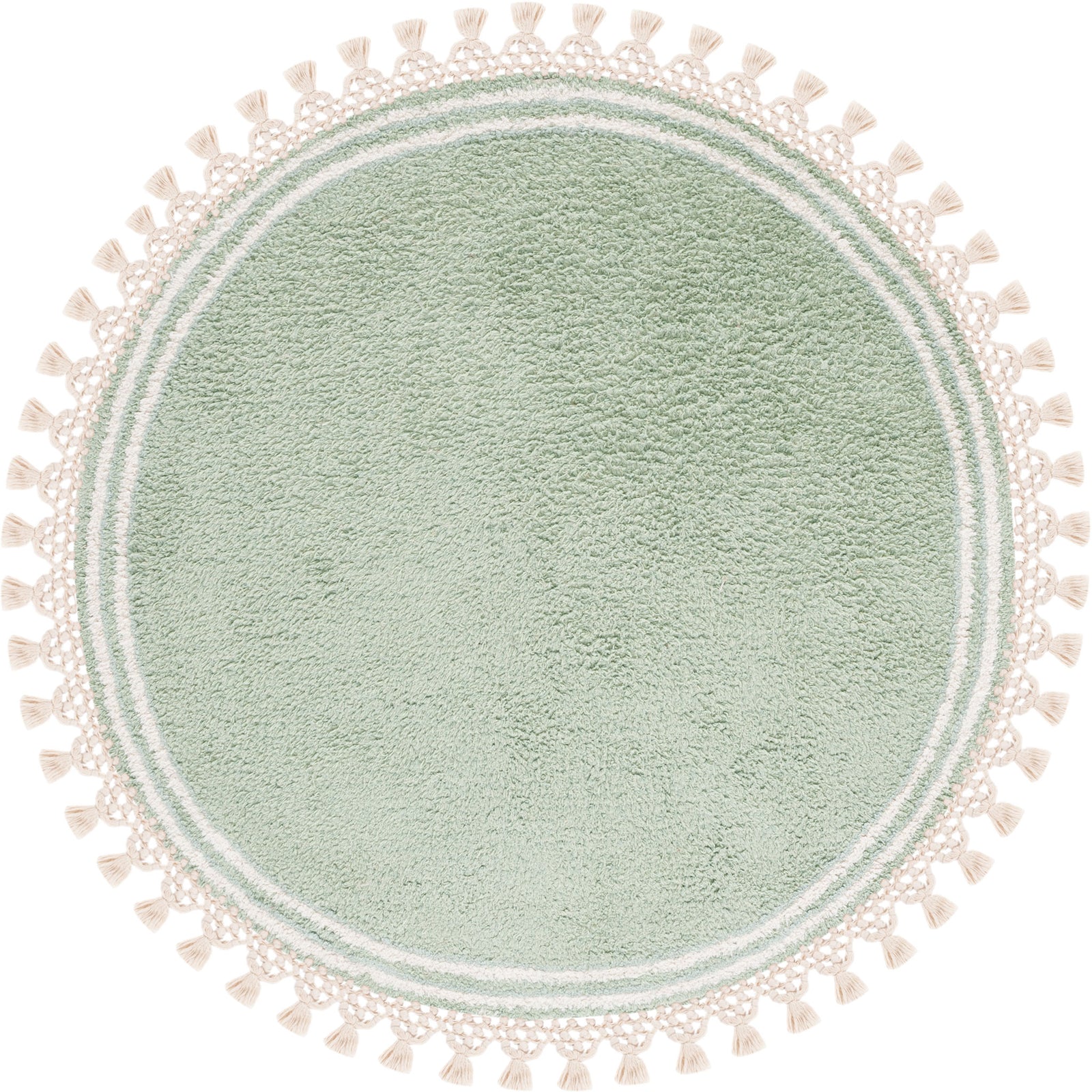 Soft teal round rug with ivory rings and a tasseled border for a bright, relaxed look. || ECR201J-3R || top_studio