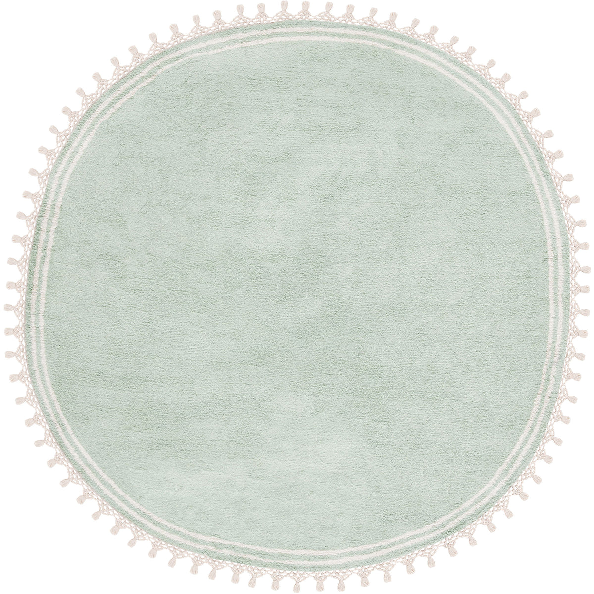 Soft teal round rug with ivory striped border and tasseled edge for an easy-care, cozy look. || ECR201J-6R || top_studio