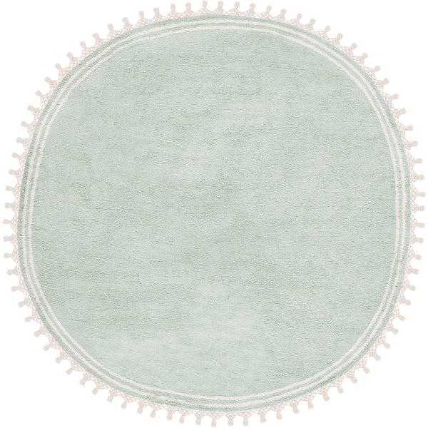 Soft teal round rug with ivory striped border and tasseled edge for an easy-care, cozy look. || ECR201J-6R || top_studio