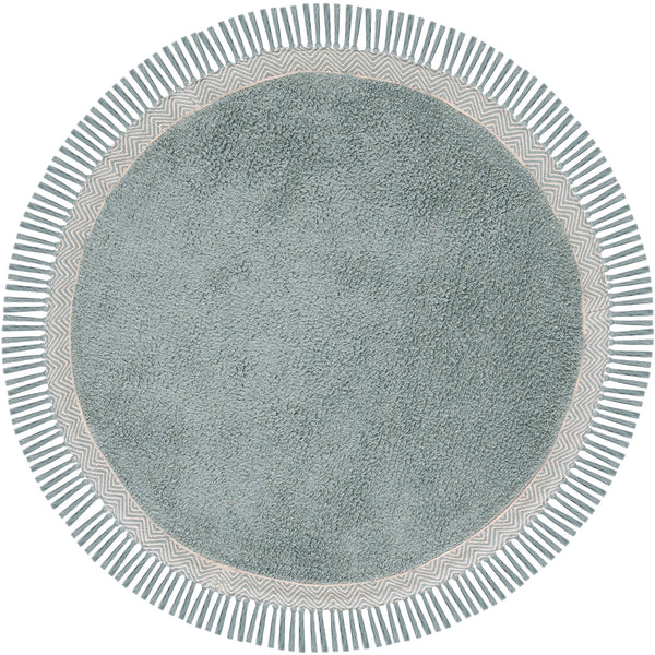Round teal rug with ivory border and tassels for a relaxed boho look || ECR202J-3R || top_studio