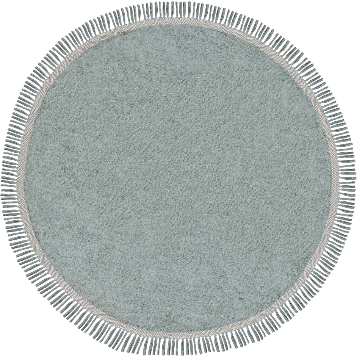 Teal round rug with ivory wave border and playful tassel fringe || ECR202J-6R || top_studio
