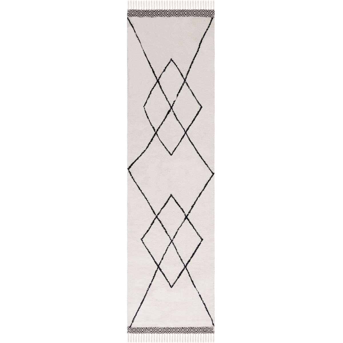 Ivory and black runner rug with bold diamond lines, tassel fringe, and patterned end borders || ECR210A-29 || top_studio