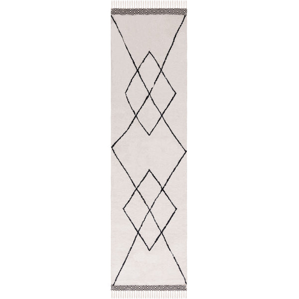 Ivory and black runner rug with bold diamond lines, tassel fringe, and patterned end borders || ECR210A-29 || top_studio