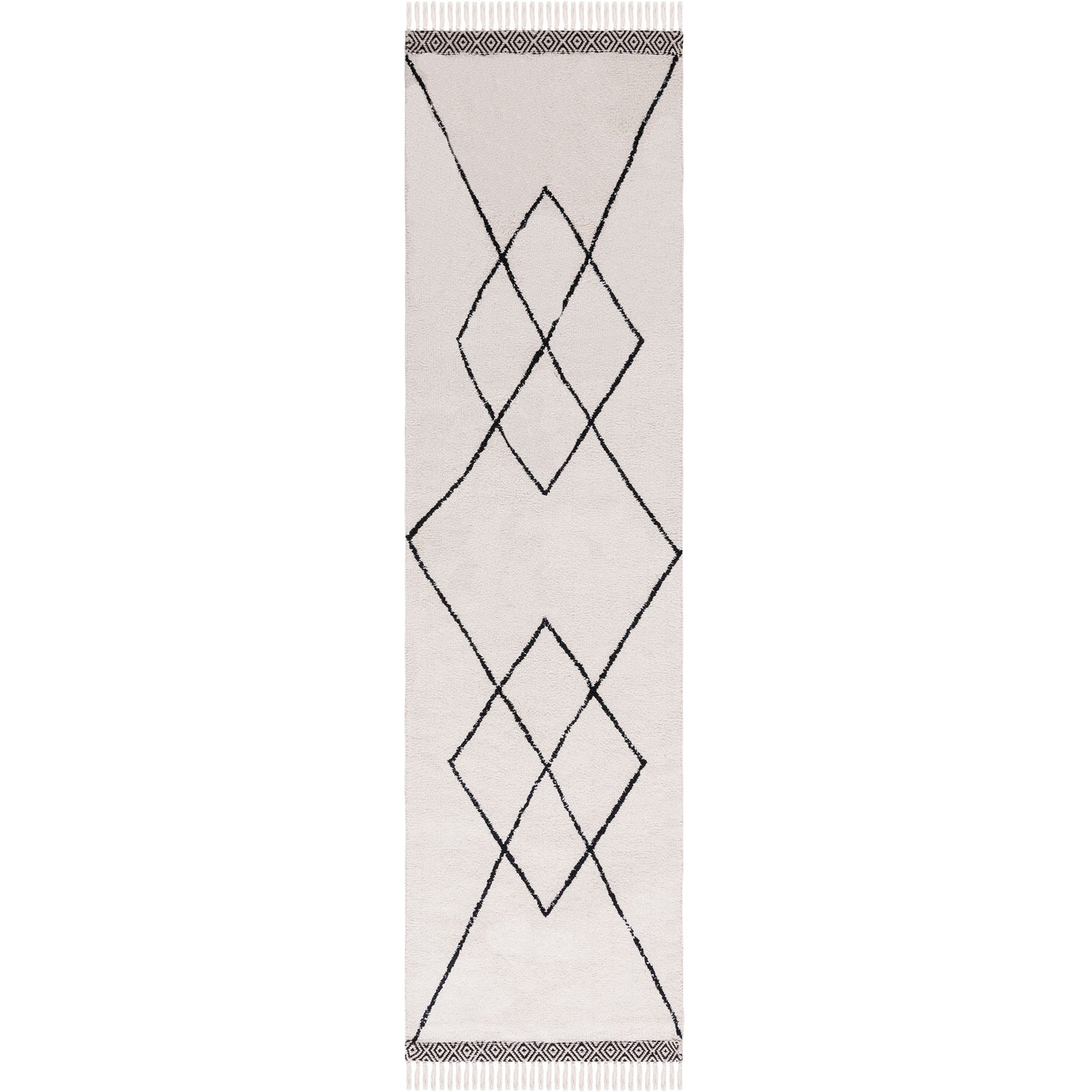 Ivory and black runner rug with bold diamond lines, tassel fringe, and patterned end borders || ECR210A-29 || top_studio