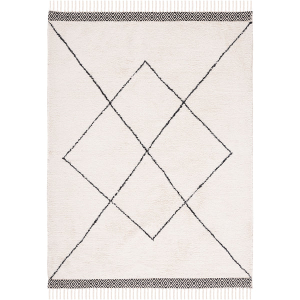 Crisp ivory area rug with slim black diamond motif and decorative end borders || ECR210A-4 || top_studio