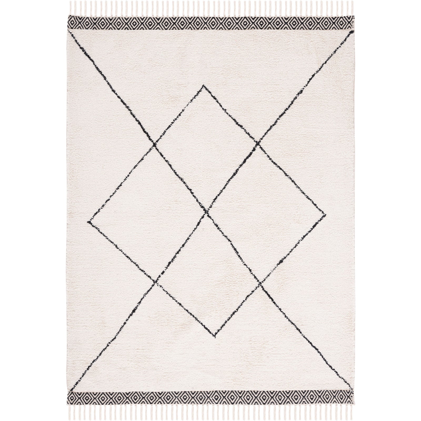 Ivory rug with black diamond lattice and patterned borders, finished with fringed tassels || ECR210A-8 || top_studio