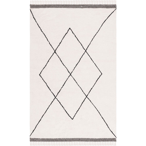 Soft ivory rug showcases a clean black diamond pattern with woven border and fringe || ECR210A-5 || top_studio
