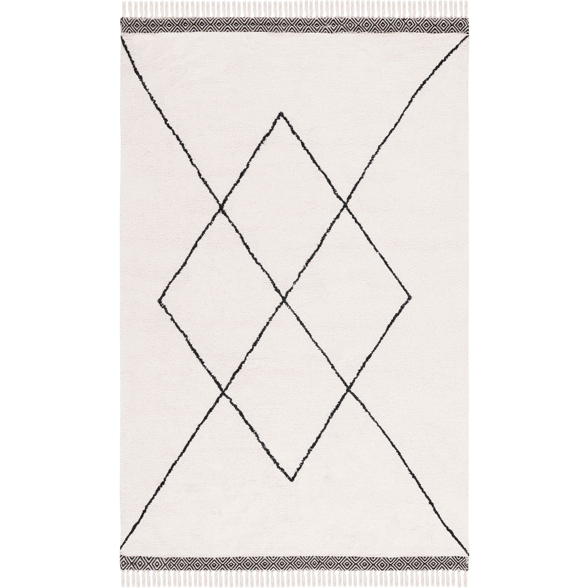 Soft ivory rug showcases a clean black diamond pattern with woven border and fringe || ECR210A-5 || top_studio