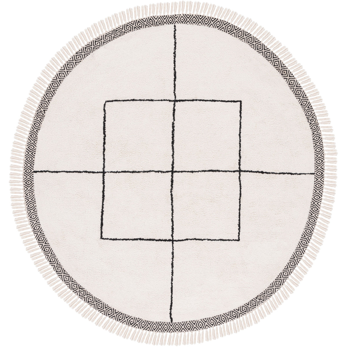 Crisp ivory round rug with central black grid and patterned edge framed by fringe || ECR210A-6R || top_studio