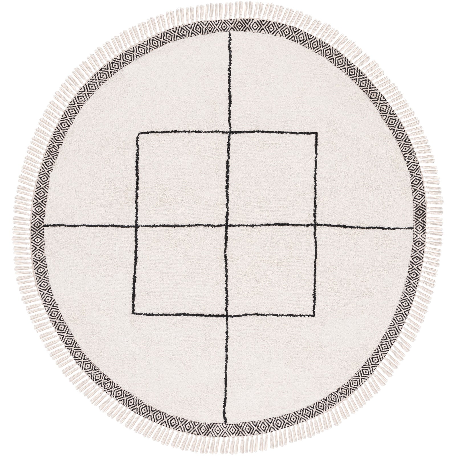 Crisp ivory round rug with central black grid and patterned edge framed by fringe || ECR210A-6R || top_studio