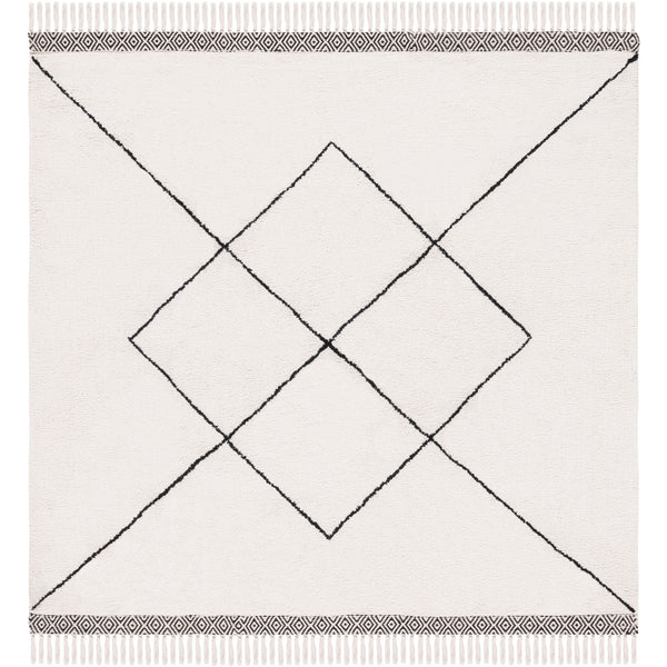 Square ivory rug with centered diamond motif and tassel-trimmed, geometric borders || ECR210A-6SQ || top_studio