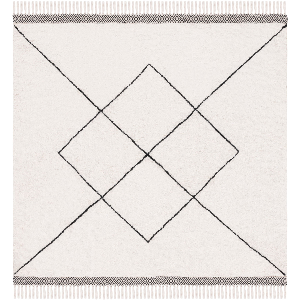 Square ivory rug with centered diamond motif and tassel-trimmed, geometric borders || ECR210A-6SQ || top_studio
