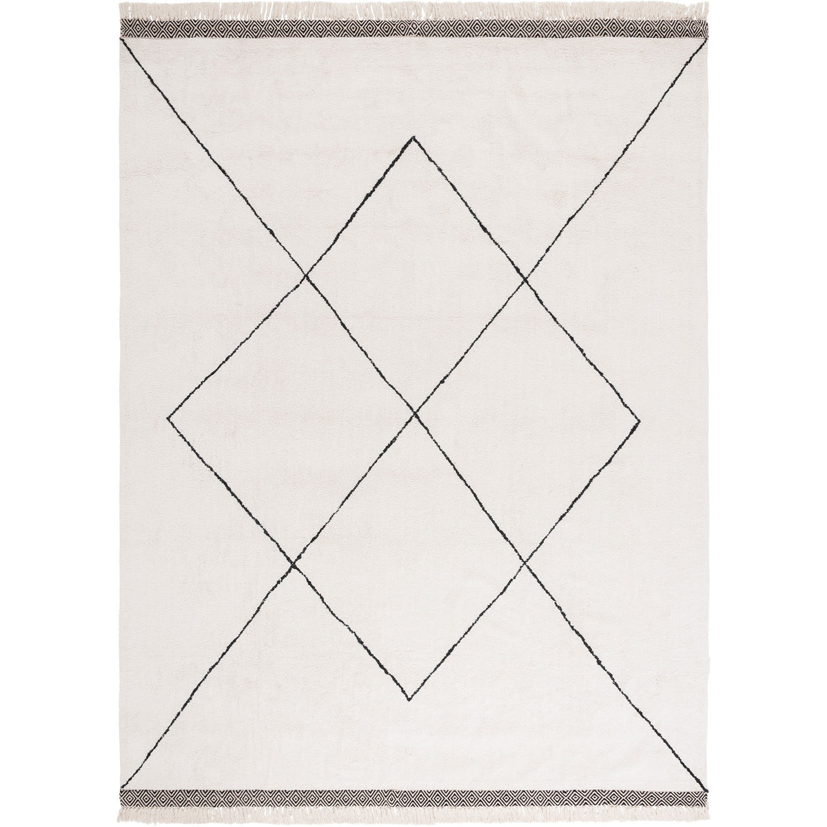 Ivory rug with black diamond lattice and patterned borders, finished with fringed tassels || ECR210A-8 || top_studio