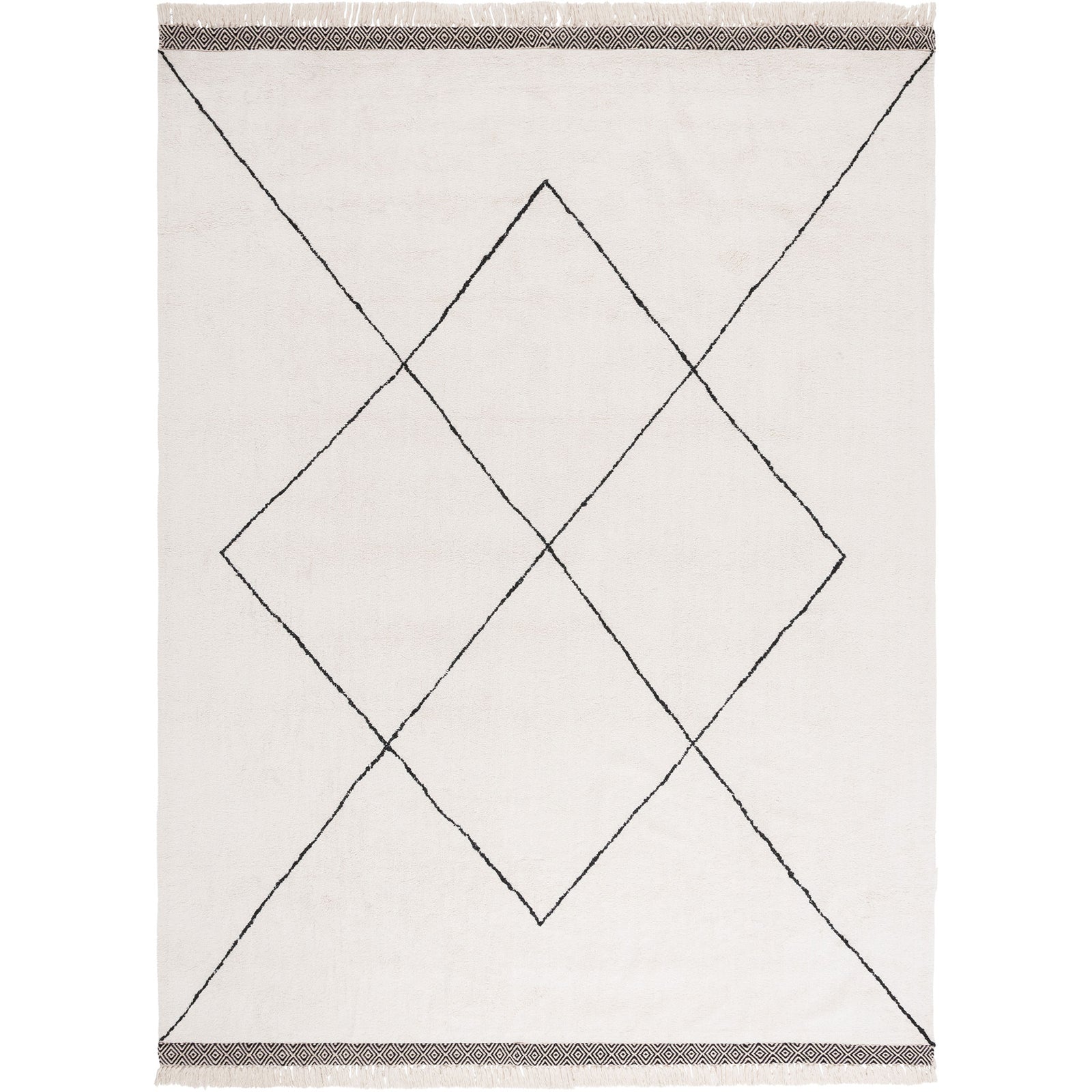 Ivory rug with black diamond lattice and patterned borders, finished with fringed tassels || ECR210A-8 || top_studio