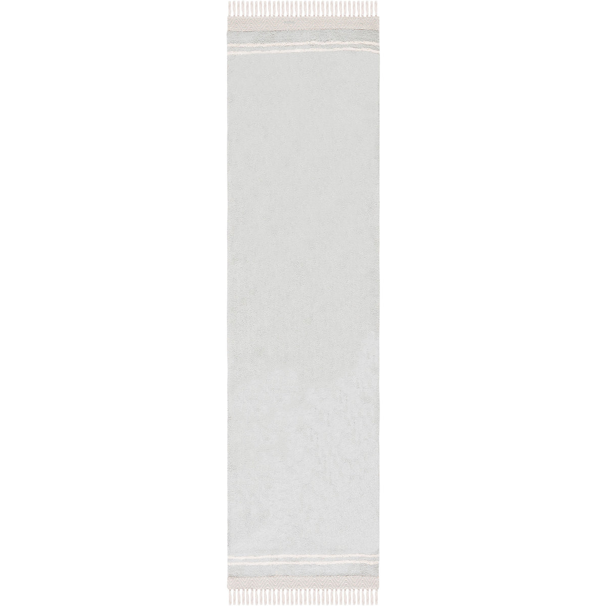 Light blue and ivory runner rug with subtle texture, narrow border accents, and tassel fringe at both ends || ECR211J-29 || top_studio