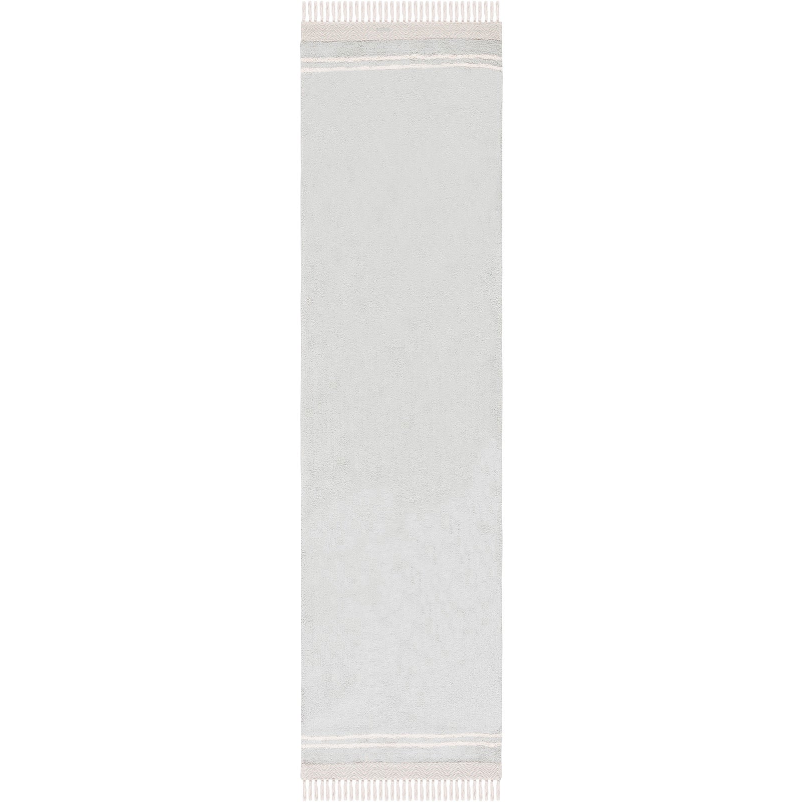 Light blue and ivory runner rug with subtle texture, narrow border accents, and tassel fringe at both ends || ECR211J-29 || top_studio