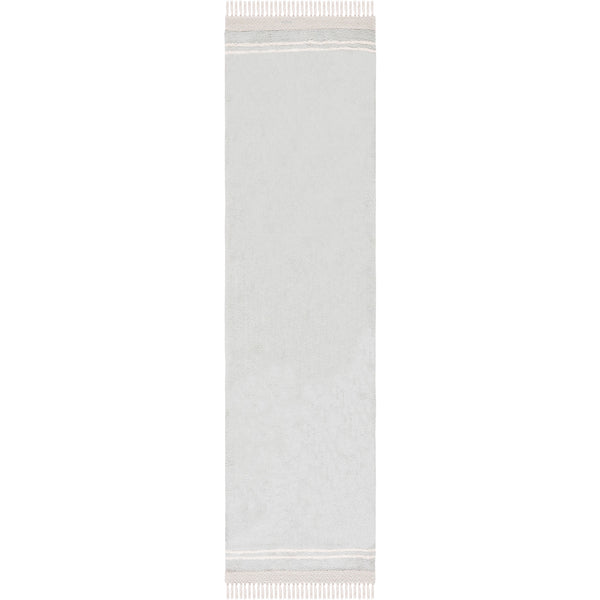 Light blue and ivory runner rug with subtle texture, narrow border accents, and tassel fringe at both ends || ECR211J-29 || top_studio
