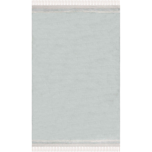 Light blue area rug with ivory tassel fringe and a minimalist border for clean, coastal style || ECR211J-5 || top_studio