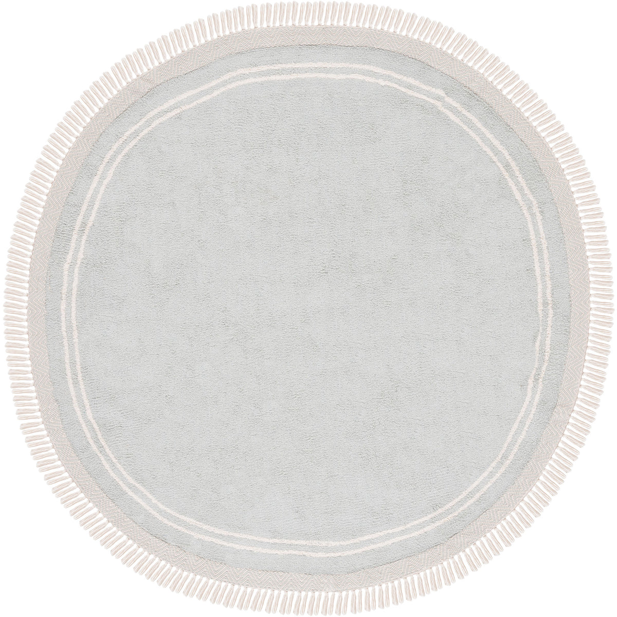 Light blue round rug with ivory rings and tassel fringe. || ECR211J-6R || top_studio