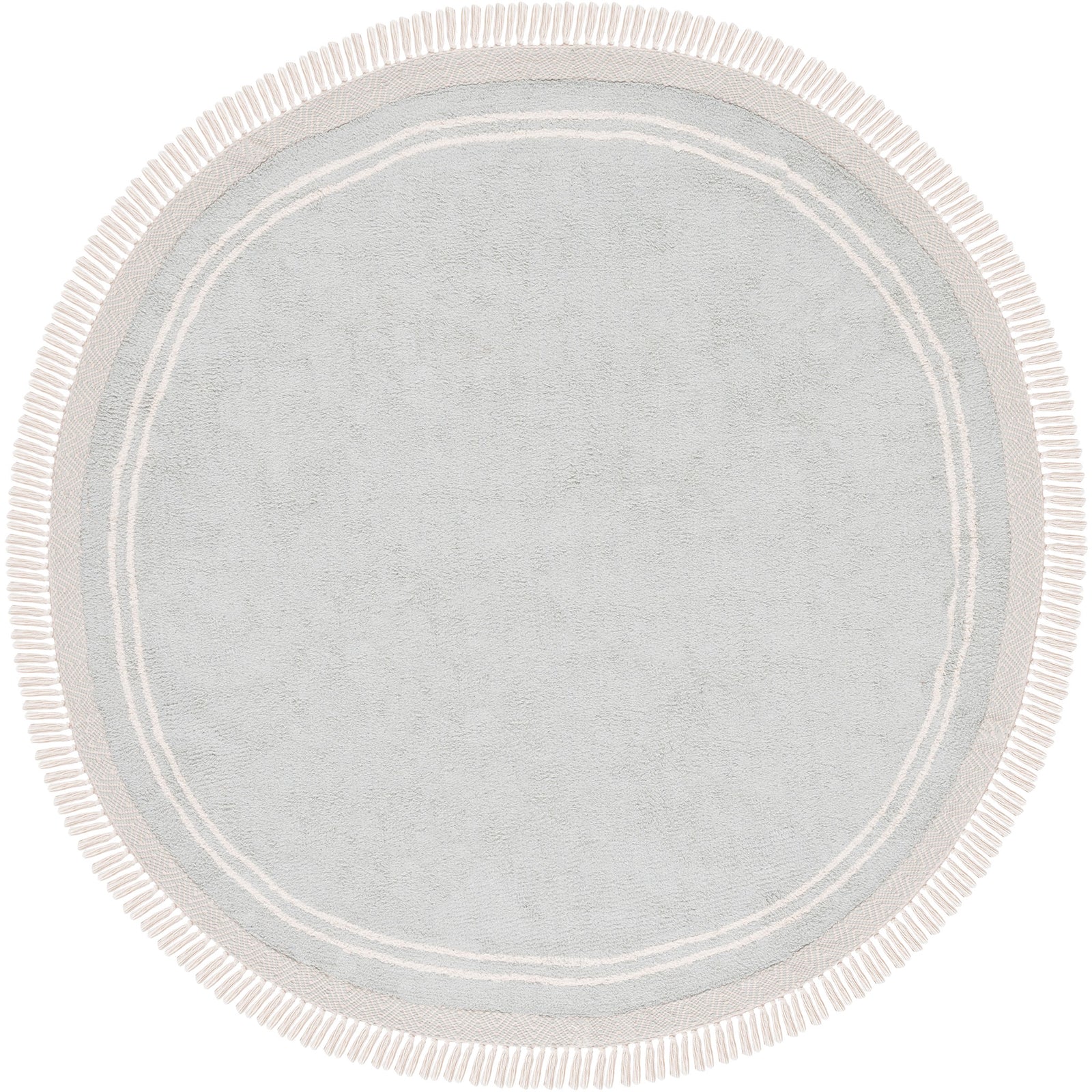 Light blue round rug with ivory rings and tassel fringe. || ECR211J-6R || top_studio