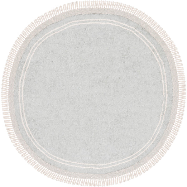 Light blue round rug with ivory rings and tassel fringe. || ECR211J-6R || top_studio