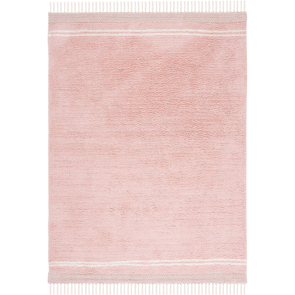 Compact pink rug framed by ivory striping and tasseled edges for a clean, modern accent. || ECR211U-4 || top_studio