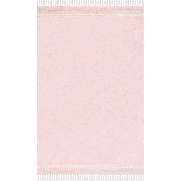 Versatile pink rug showcases plush pile, subtle ivory accents, and tassel fringe for easy styling. || ECR211U-5 || top_studio