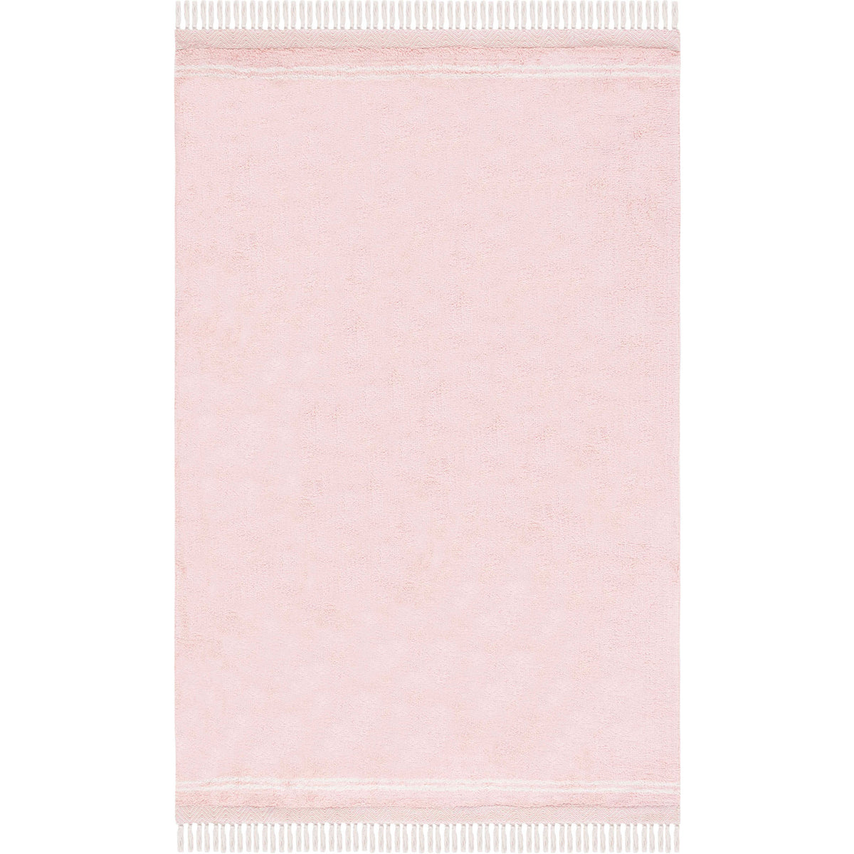Versatile pink rug showcases plush pile, subtle ivory accents, and tassel fringe for easy styling. || ECR211U-5 || top_studio
