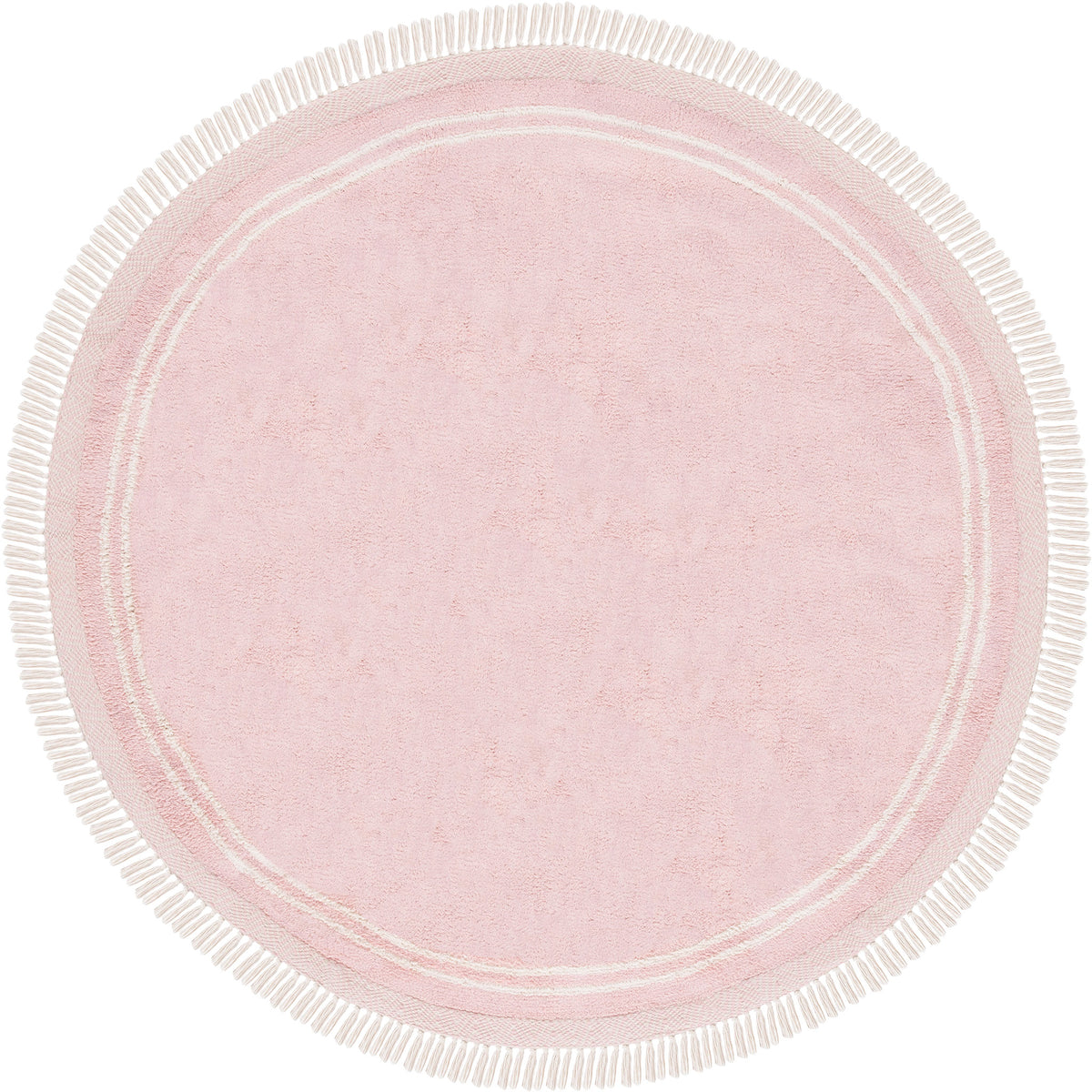 Blush pink round rug with ivory tassel fringe and a subtle concentric border for a soft, airy look. || ECR211U-6R || top_studio